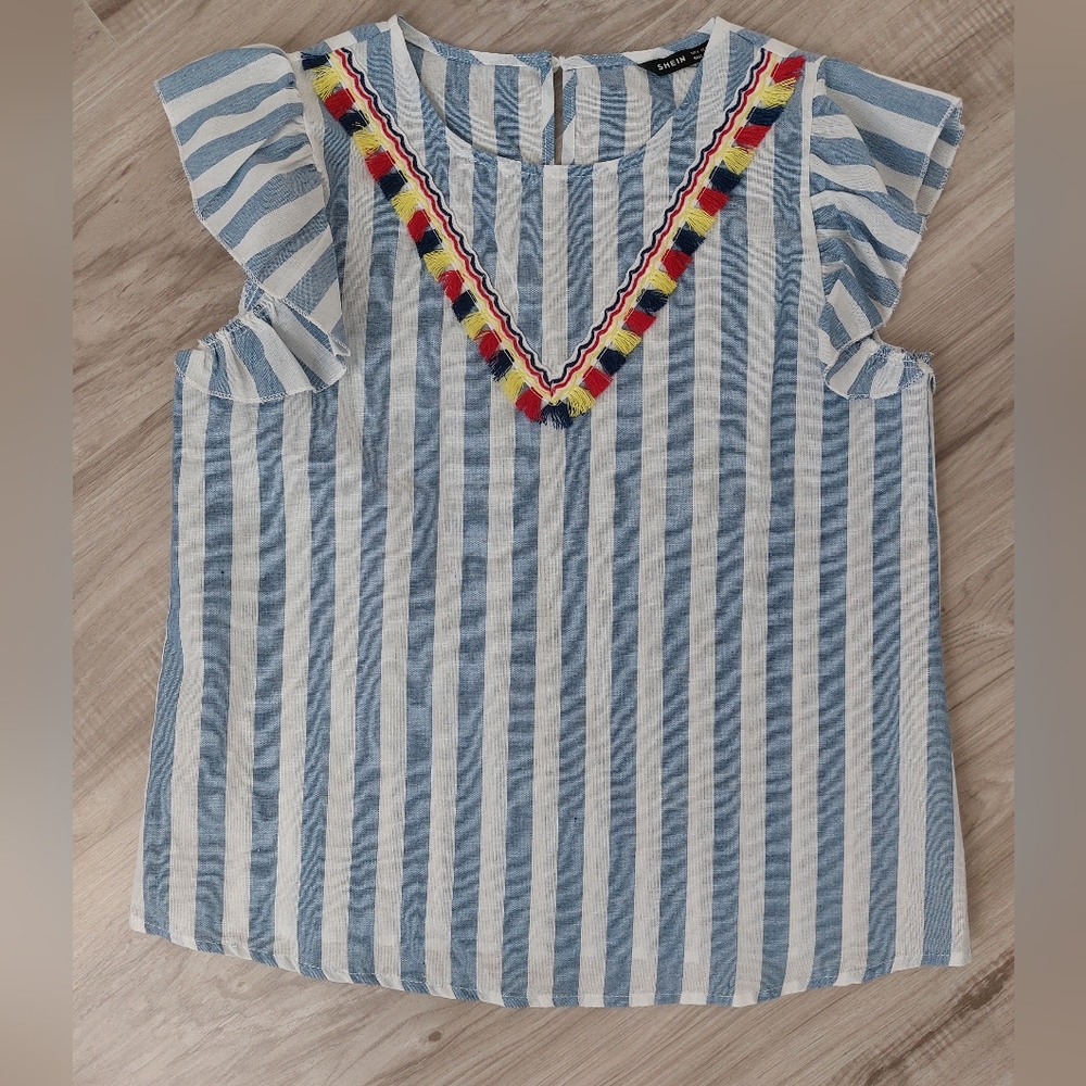 Striped Blue and White Top with Colorful Trim